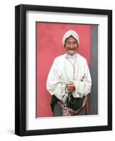 Elderly Tibetan Woman with Red Wall, Tagong, Sichuan, China-Keren Su-Framed Photographic Print