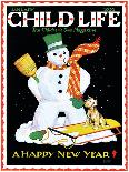Snowman & Dog - Child Life, January 1935-Eleanor Mussey Young-Framed Premium Giclee Print