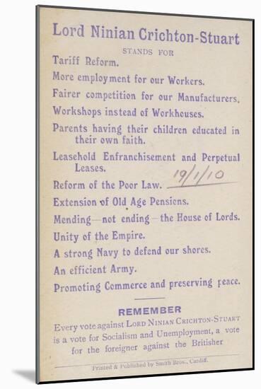 Election Manifesto of Lord Ninian Crichton-Stuart, British Unionist Politician, 1910-null-Mounted Giclee Print