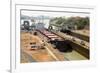 Electric mules guiding Panamax ship through Miraflores Locks on the Panama Canal, Panama, Central A-Tony Waltham-Framed Photographic Print