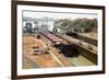 Electric mules guiding Panamax ship through Miraflores Locks on the Panama Canal, Panama, Central A-Tony Waltham-Framed Photographic Print
