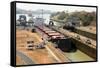 Electric mules guiding Panamax ship through Miraflores Locks on the Panama Canal, Panama, Central A-Tony Waltham-Framed Stretched Canvas