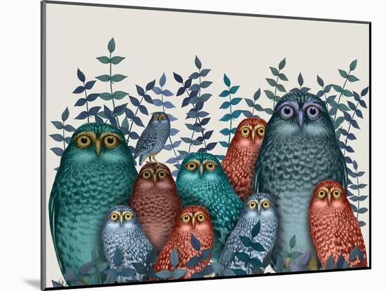 Electric Owls, Blue and Orange-Fab Funky-Mounted Art Print