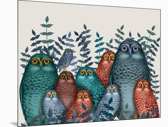 Electric Owls, Blue and Orange-Fab Funky-Mounted Art Print