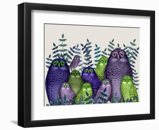 Electric Owls, Purple and Lime-Fab Funky-Framed Art Print