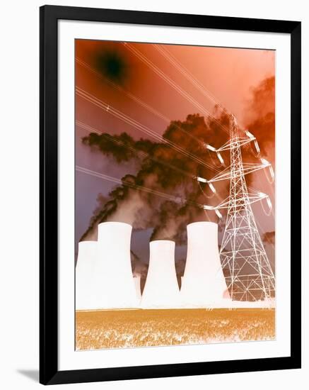 Electrical Wires in Front of Smoke Stacks Polluting the Sky-null-Framed Photographic Print