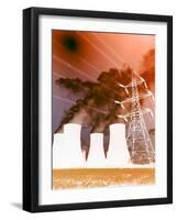 Electrical Wires in Front of Smoke Stacks Polluting the Sky-null-Framed Photographic Print