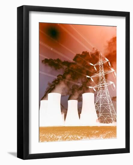 Electrical Wires in Front of Smoke Stacks Polluting the Sky-null-Framed Photographic Print