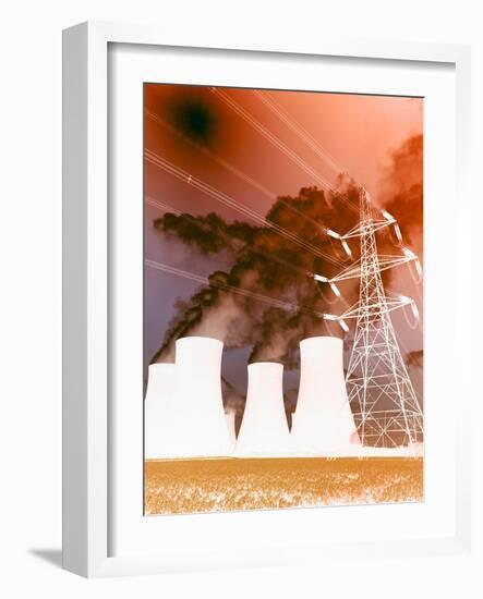 Electrical Wires in Front of Smoke Stacks Polluting the Sky-null-Framed Photographic Print
