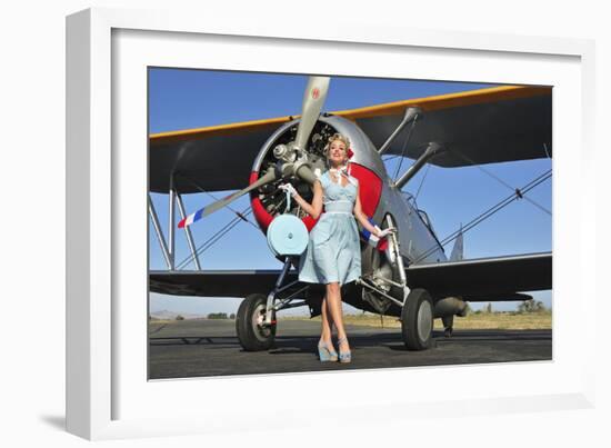 Elegant 1940's Style Pin-Up Girl Standing in Front of an F3F Biplane-null-Framed Photographic Print