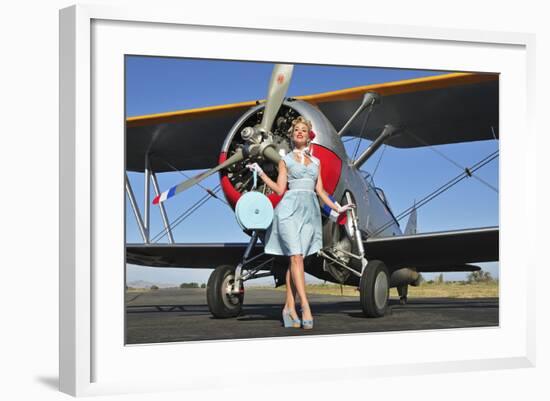 Elegant 1940's Style Pin-Up Girl Standing in Front of an F3F Biplane-null-Framed Photographic Print