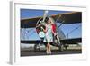 Elegant 1940's Style Pin-Up Girl Standing in Front of an F3F Biplane-null-Framed Photographic Print