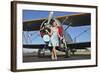 Elegant 1940's Style Pin-Up Girl Standing in Front of an F3F Biplane-null-Framed Photographic Print