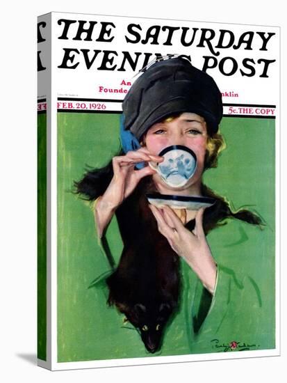 "Elegant Lady Drinking Cup of Tea," Saturday Evening Post Cover, February 20, 1926-Penrhyn Stanlaws-Stretched Canvas