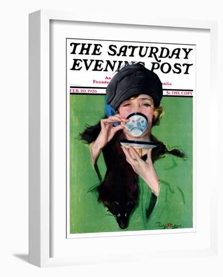 "Elegant Lady Drinking Cup of Tea," Saturday Evening Post Cover, February 20, 1926-Penrhyn Stanlaws-Framed Giclee Print