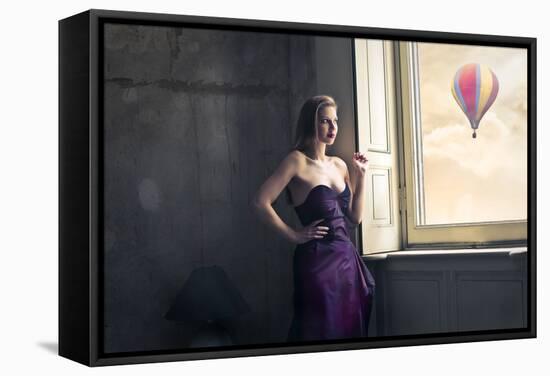 Elegant Woman Looks Hot Air Balloon-olly2-Framed Stretched Canvas