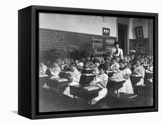 Elementary School Girls Learning Sewing-null-Framed Stretched Canvas