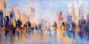 Skyline City View with Reflections on Water. Original Oil Painting on Canvas,-Elen11-Framed Stretched Canvas