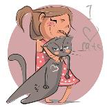 Cute Girl with Her Cat.-Elena Barenbaum-Art Print