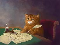 Beautiful Cute Ginger Tabby Cat Sitting at the Table and Writing a Letter with a Pen. Painting in T-Elena Medvedeva-Framed Photographic Print