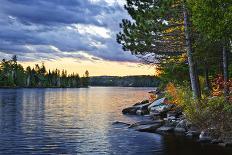 Rowboat Tied to Dock on Beautiful Lake with Dramatic Sunset-elenathewise-Photographic Print