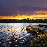 Rowboat Tied to Dock on Beautiful Lake with Dramatic Sunset-elenathewise-Photographic Print