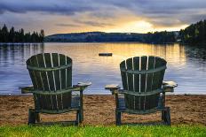 Two Wooden Chairs on Beach of Relaxing Lake at Sunset. Algonquin Provincial Park, Canada.-elenathewise-Photographic Print