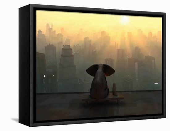 Elephant and Dog Sit on the Roof of a Skyscraper-Mike_Kiev-Framed Stretched Canvas