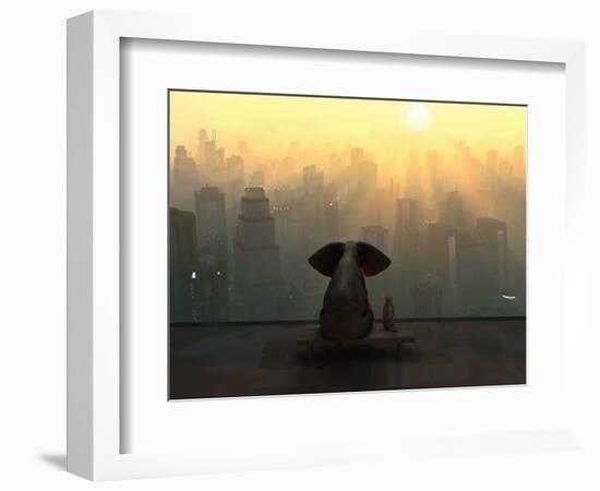 Elephant and Dog Sit on the Roof of a Skyscraper-Mike_Kiev-Framed Photographic Print