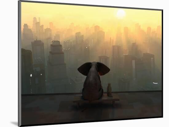 Elephant and Dog Sit on the Roof of a Skyscraper-Mike_Kiev-Mounted Photographic Print