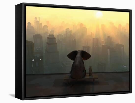 Elephant and Dog Sit on the Roof of a Skyscraper-Mike_Kiev-Framed Stretched Canvas