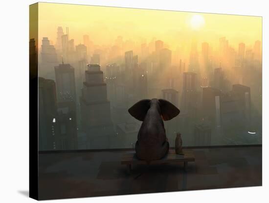Elephant and Dog Sit on the Roof of a Skyscraper-Mike_Kiev-Stretched Canvas