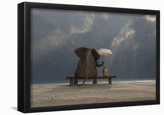 Elephant And Dog Sit Under The Rain-Mike_Kiev-Framed Poster