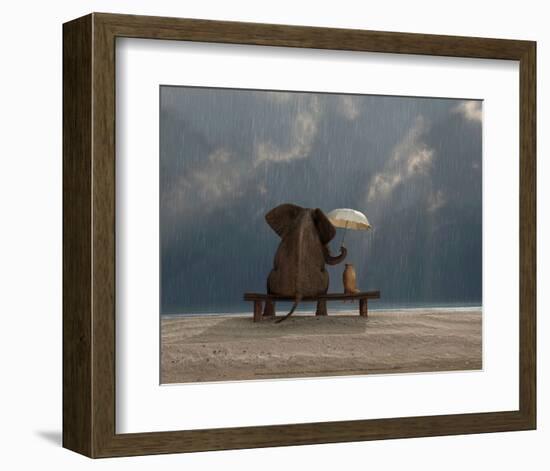 Elephant and Dog Sit Under the Rain-Mike Kiev-Framed Art Print