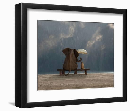 Elephant and Dog Sit Under the Rain-Mike Kiev-Framed Art Print