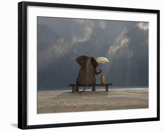 Elephant And Dog Sit Under The Rain-Mike_Kiev-Framed Photographic Print