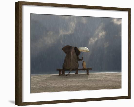 Elephant And Dog Sit Under The Rain-Mike_Kiev-Framed Photographic Print