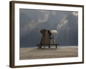 Elephant And Dog Sit Under The Rain-Mike_Kiev-Framed Photographic Print