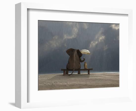 Elephant And Dog Sit Under The Rain-Mike_Kiev-Framed Photographic Print