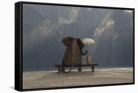 Elephant And Dog Sit Under The Rain-Mike_Kiev-Framed Stretched Canvas