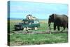 Elephant and Safari Van, Kenya-Peter Thompson-Stretched Canvas