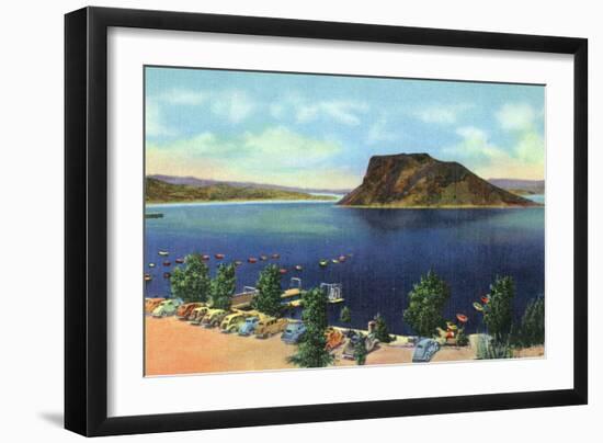 Elephant Butte Lake, New Mexico, View of the Boat Landing, Beach, and Butte-Lantern Press-Framed Art Print