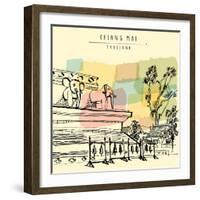 Elephant Sculptures, Trees, Bells in Wat Chedi Luang, Chiang Mai, Northern Thailand, Southeast Asia-babayuka-Framed Art Print