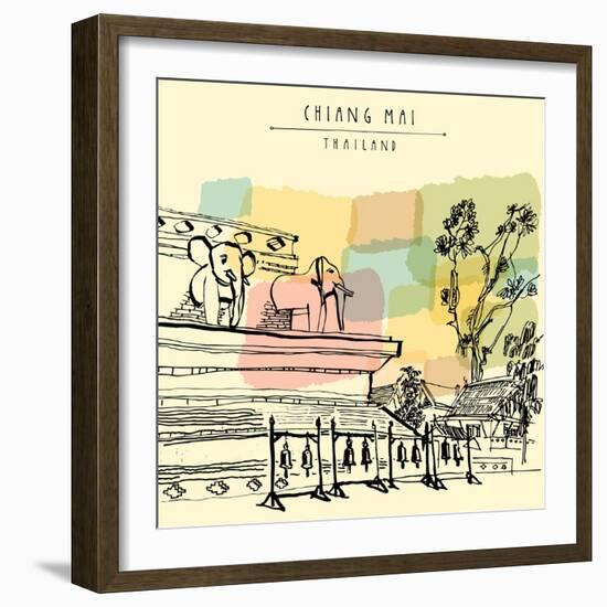 Elephant Sculptures, Trees, Bells in Wat Chedi Luang, Chiang Mai, Northern Thailand, Southeast Asia-babayuka-Framed Art Print