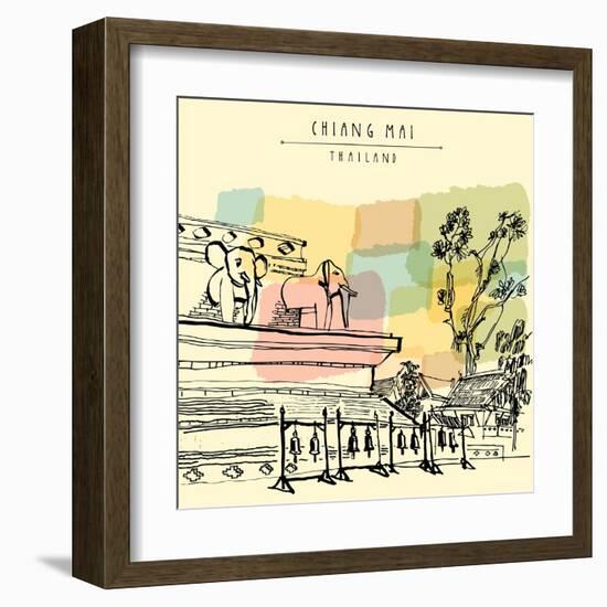 Elephant Sculptures, Trees, Bells in Wat Chedi Luang, Chiang Mai, Northern Thailand, Southeast Asia-babayuka-Framed Art Print