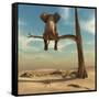 Elephant Stands on Thin Branch of Withered Tree in Surreal Landscape. this is a 3D Render Illustrat-Orla-Framed Stretched Canvas
