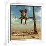 Elephant Stands on Thin Branch of Withered Tree in Surreal Landscape. this is a 3D Render Illustrat-Orla-Framed Art Print