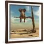 Elephant Stands on Thin Branch of Withered Tree in Surreal Landscape. this is a 3D Render Illustrat-Orla-Framed Art Print