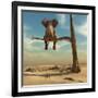 Elephant Stands on Thin Branch of Withered Tree in Surreal Landscape. this is a 3D Render Illustrat-Orla-Framed Art Print