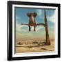 Elephant Stands on Thin Branch of Withered Tree in Surreal Landscape. this is a 3D Render Illustrat-Orla-Framed Giclee Print